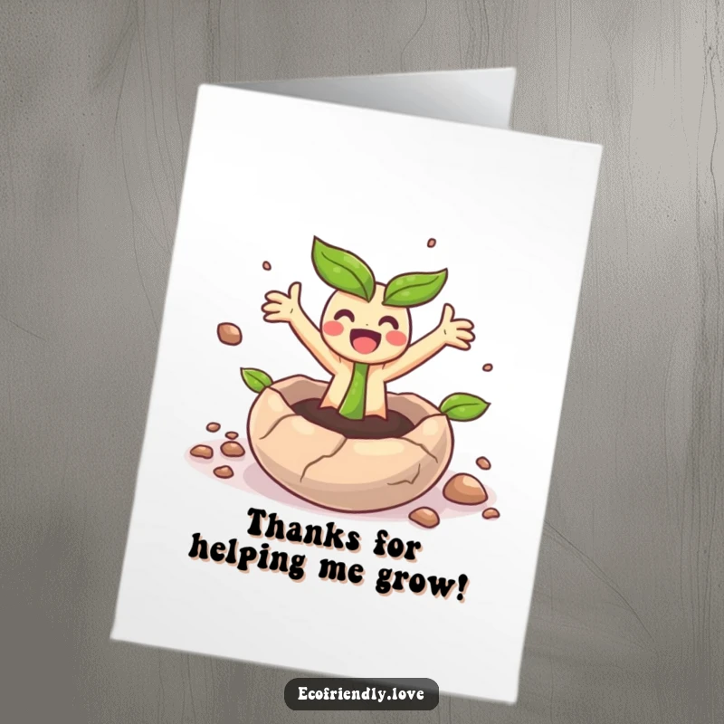 Funny Free Printable Thank You Card: A small sprout character emerging from a seed, arms wide in a happy, thankful surprise.