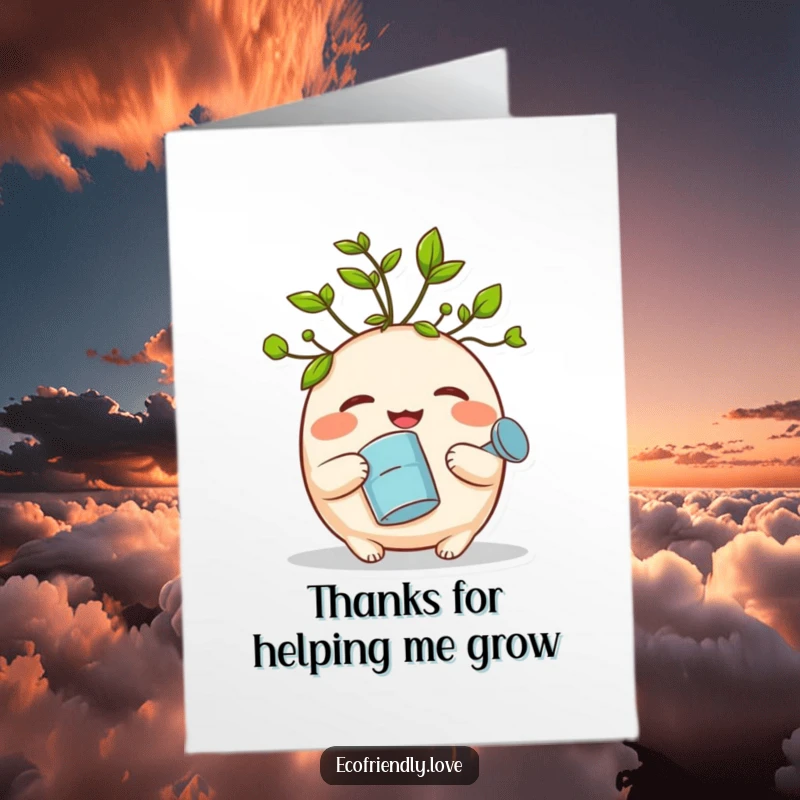 Funny Free Printable Thank You Card: Giggling sprout with leaf hair holds a watering can, expressing thanks.