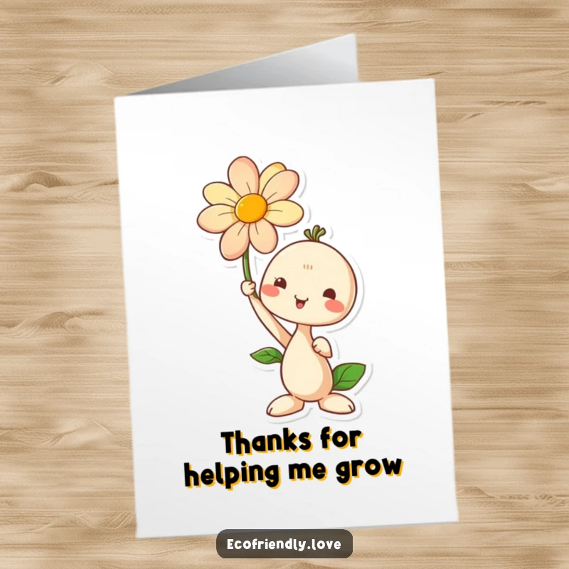 Cute Free Printable Thank You Card: A cheerful seedling character proudly holding up a freshly bloomed flower, symbolizing gratitude.
