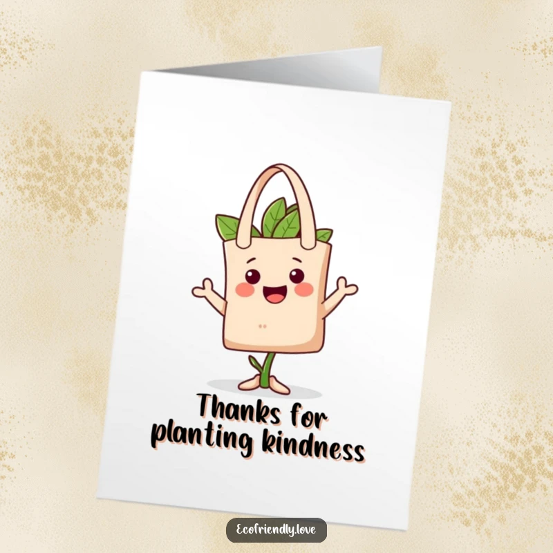 Funny Free Printable Thank You Card: A happy plant character offering a reusable tote bag as a chic hat, saying thanks.