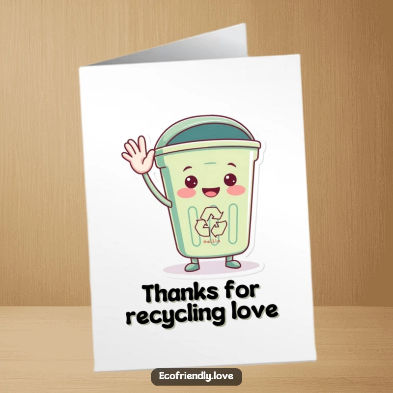 Funny Free Printable Thank You Card: A friendly recycling bin character extending a greeting, a cute way to thank someone.