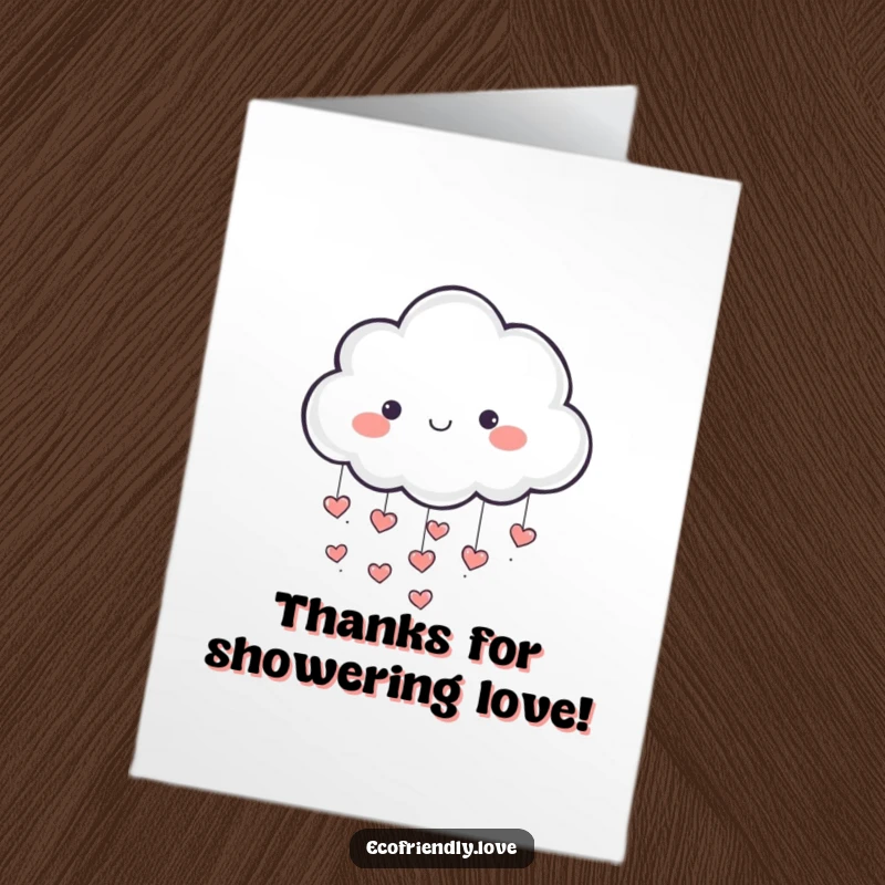 Funny Free Printable Thank You Card: A whimsical cloud character happily rains small, loving heart symbols.