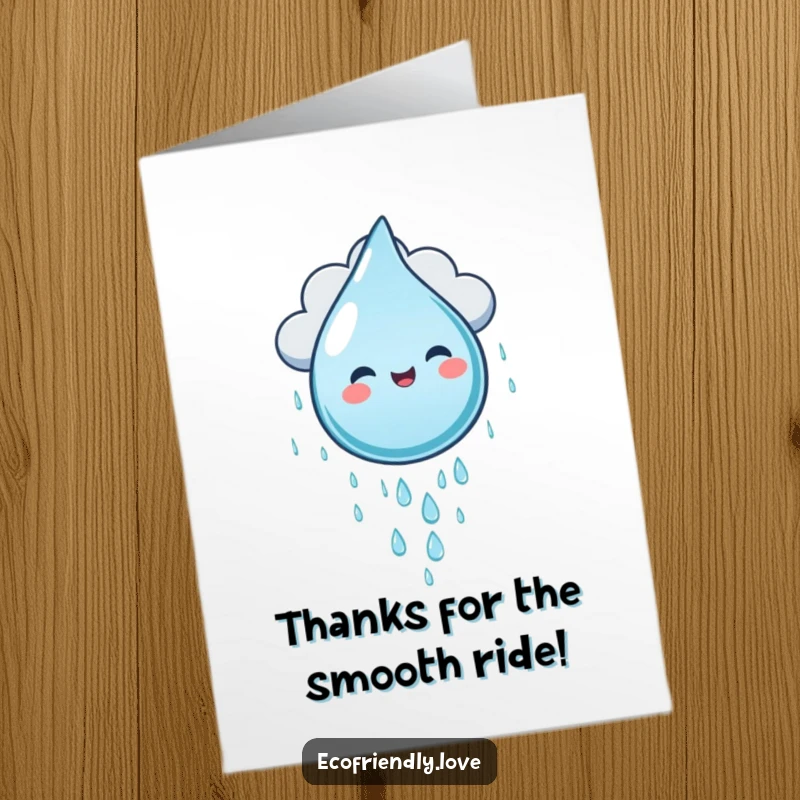 Funny Free Printable Thank You Card: Water droplet character gleefully sliding down a rain cloud, a cute and funny downloadable card.