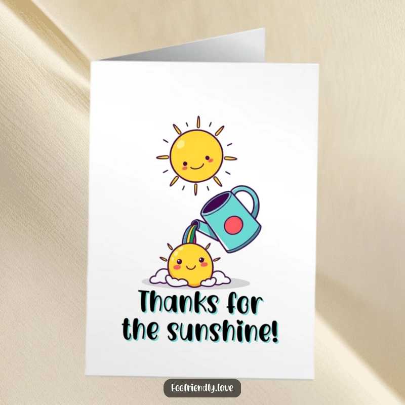 Funny Free Printable Thank You Card: A kawaii watering can spilling a rainbow into a cheerful, smiling sun.