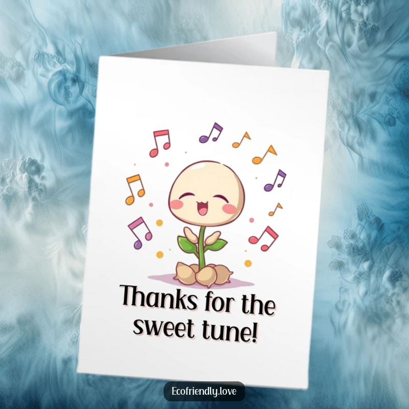 Funny Free Printable Thank You Card: A seedling in full song, surrounded by joyful musical notes.