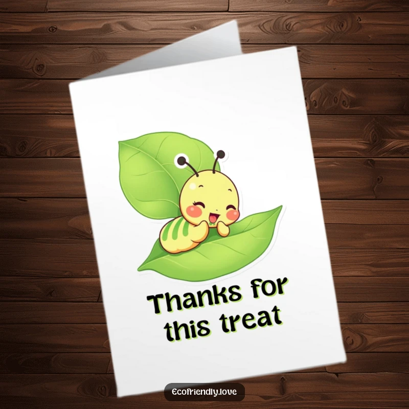 Funny Free Printable Thank You Card featuring a giddy caterpillar character happily munching on a large green leaf.