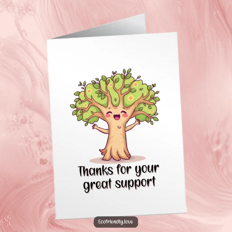 Funny Free Printable Thank You Card: A cheerful tree character dancing joyfully, expressing thanks with swaying branches.
