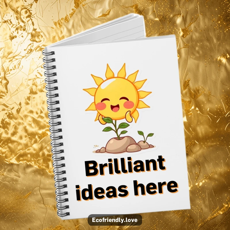 Funny notebook cover featuring a sun character showering light on a plant, inspiring note-taking and creativity with a sunny theme.