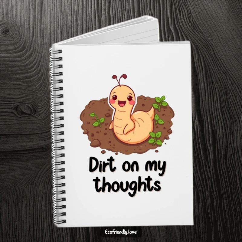 Funny notebook with a happy earthworm wiggling through soil, perfect for capturing inspired thoughts underground.