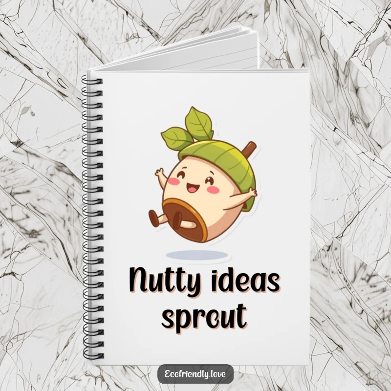 Funny notebook cover featuring a happy acorn character doing a cartwheel, wearing a leaf hat.