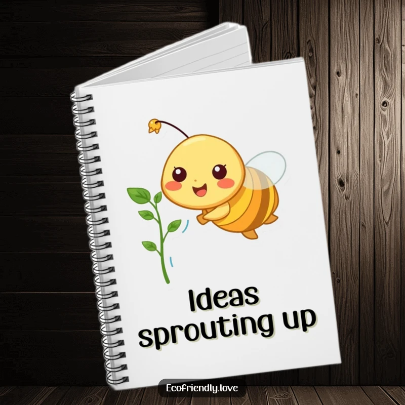 Funny notebook featuring a cheerful bee character flying with a plant sprout, perfect for notes, sketches, and ideas.