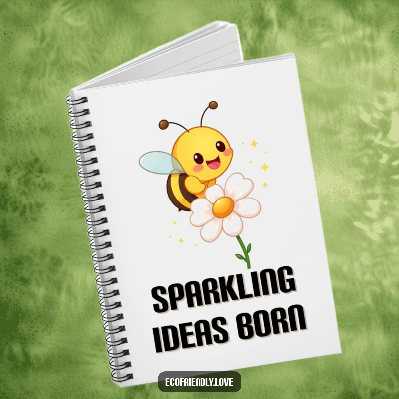 Funny notebook cover featuring a cheerful bee buzzing around a flower, leaving a trail of magical sparkles.
