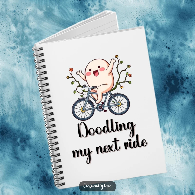 Funny notebook with a blob character riding a vine bicycle, providing a fun space for notes and ideas.