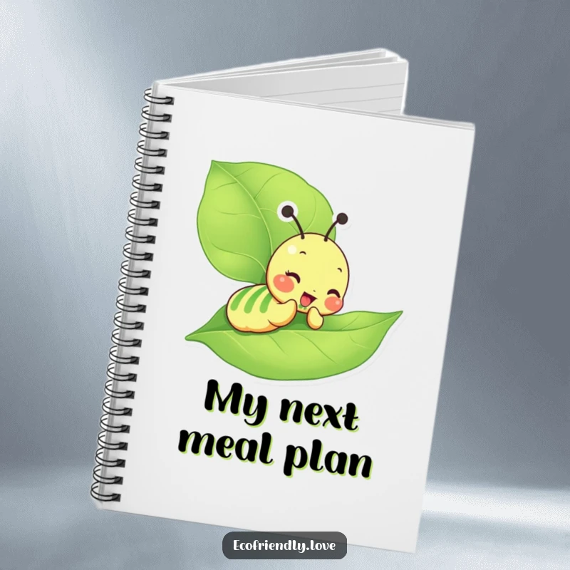 Funny Caterpillar Notebook with a giddy character munching on a large green leaf, encouraging creative and playful notes.