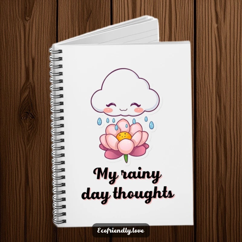 Funny notebook with a giggling cloud character releasing gentle raindrops on a flower, perfect for journaling and creative writing.