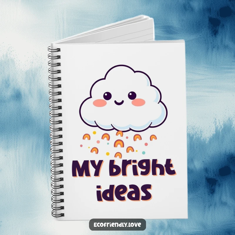 Funny notebook cover with a smiling cloud character raining a gentle stream of tiny, happy rainbows, perfect for note-taking.