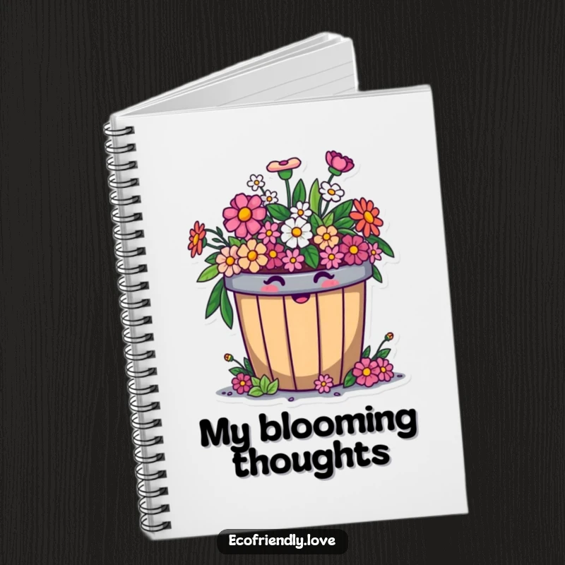 Funny compost bin notebook featuring a cheerful character comically overflowing with smiling flowers, perfect for jotting down ideas with eco-humor.