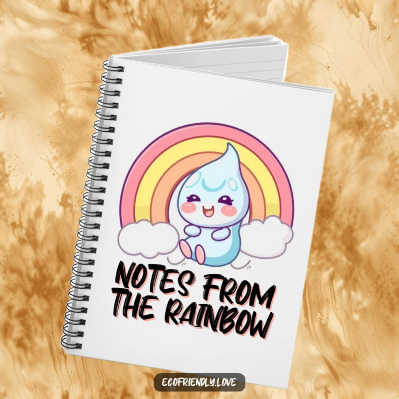 Funny Notebook adorned with a smiling dewdrop character sliding down a rainbow, inspiring cheerful notes and creative ideas.