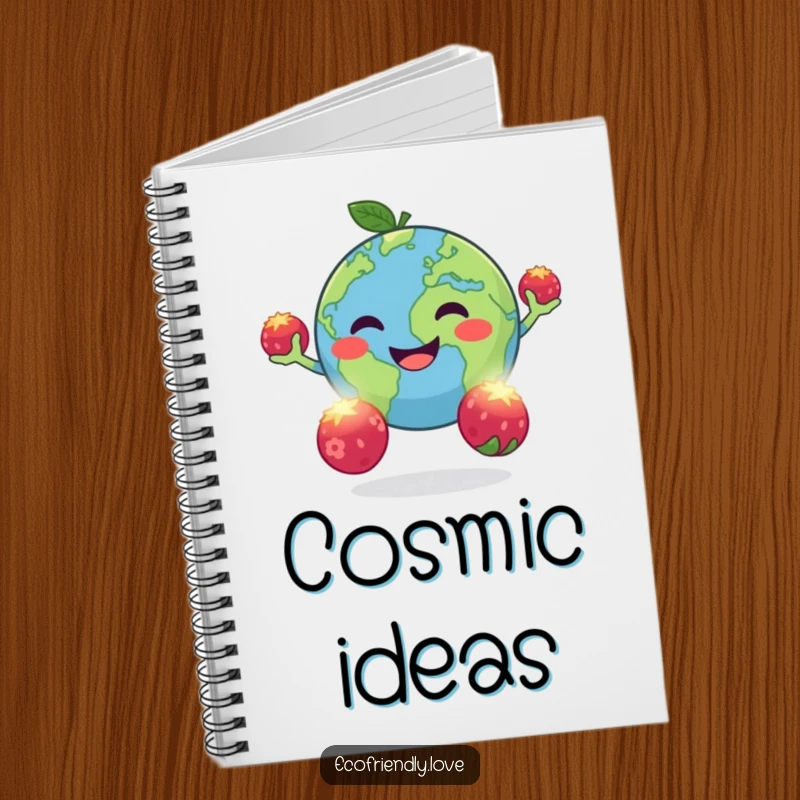Funny notebook featuring a happy, round planet Earth juggling three glowing berries, perfect for journaling with cosmic humor.