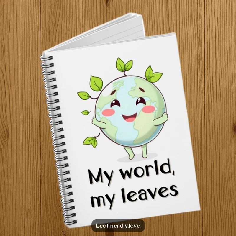 Funny notebook with a globe character juggling leaves, providing a cheerful and inspiring space for notes.