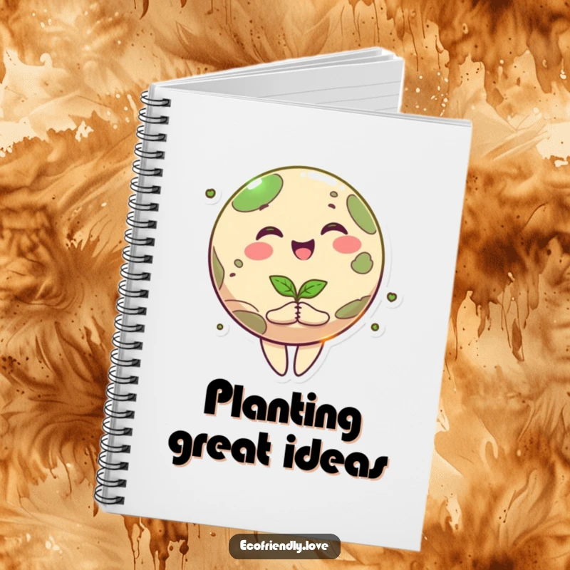 Funny happy planet notebook with a smiling cartoon Earth character spinning and holding a seedling, ideal for jotting down eco-friendly ideas.