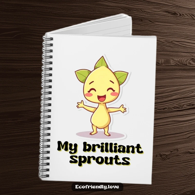 Funny notebook with a happy sprout character doing an excited dance, ideal for jotting down joyful thoughts and creative ideas.