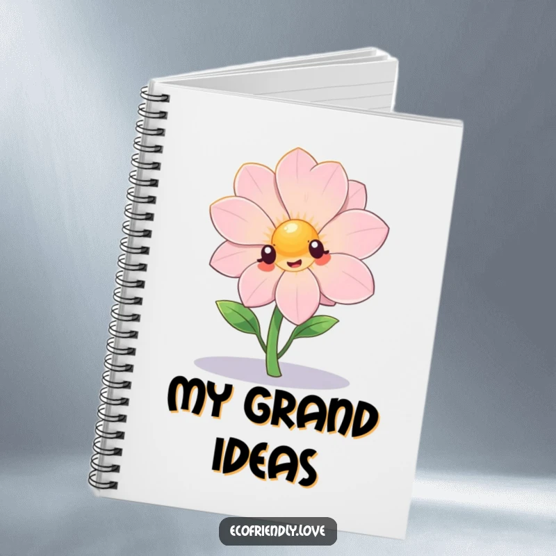 Funny kawaii flower dramatically posing under a spotlight on a notebook, a humorous tool for inspiration.