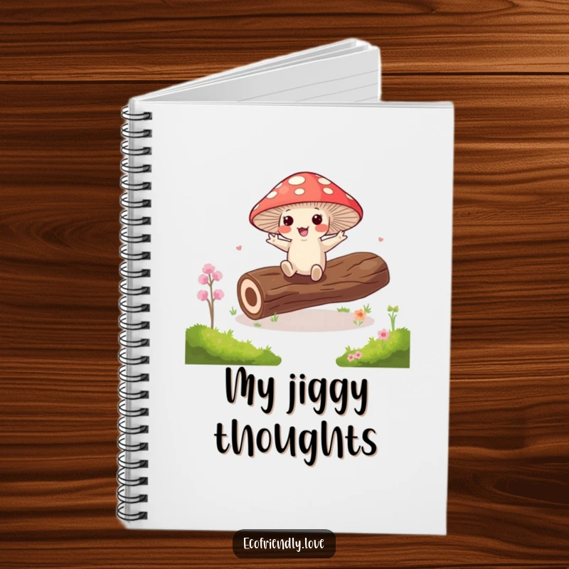 Funny kawaii mushroom doing a jig on a mossy log on a notebook, a humorous tool for ideas.