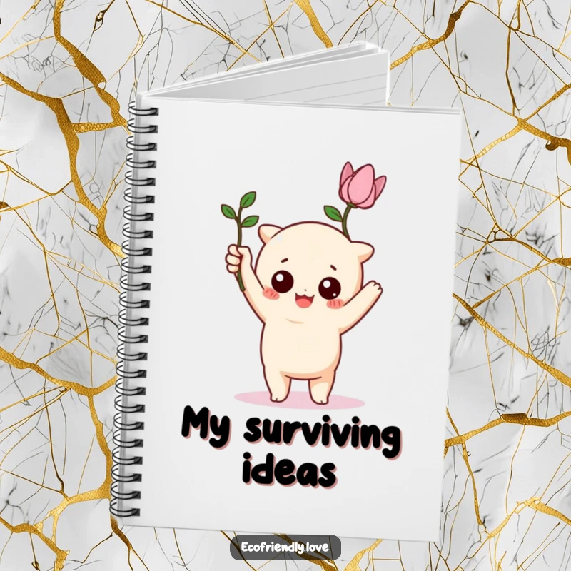 Funny kawaii character triumphantly holding a wilting, funny plant on a notebook, a humorous tool for plant lovers.