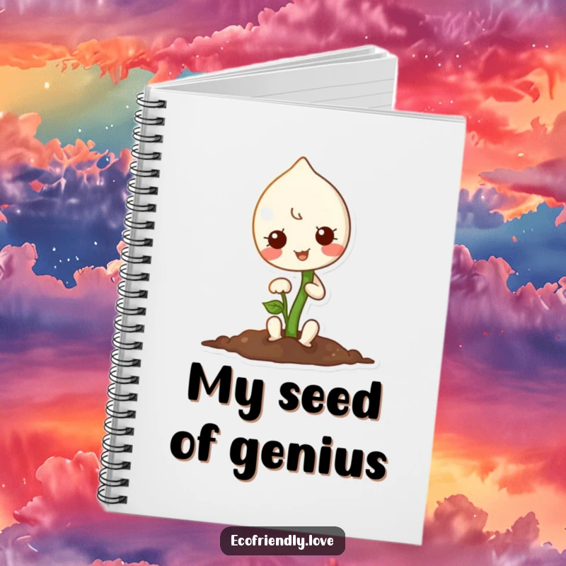 Funny notebook with a kawaii sprout character planting a seed, inspiring growth and creativity.
