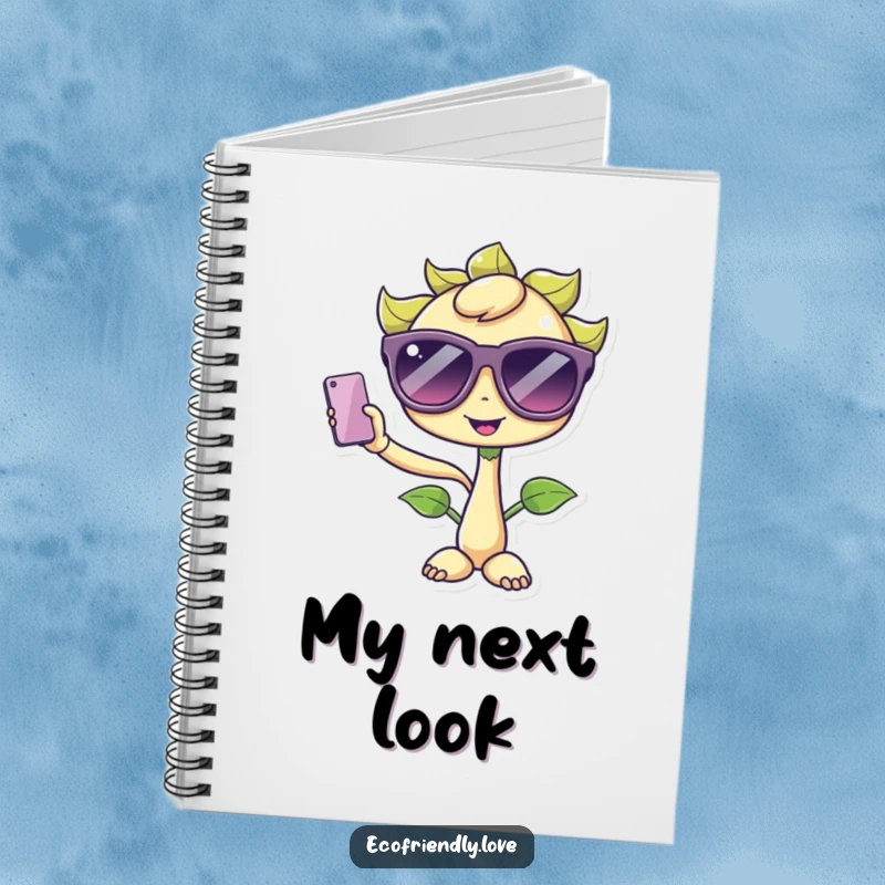 Funny Kawaii Sprout Notebook: A cute sprout character wearing oversized sunglasses, humorously taking a selfie, ideal for note-taking.