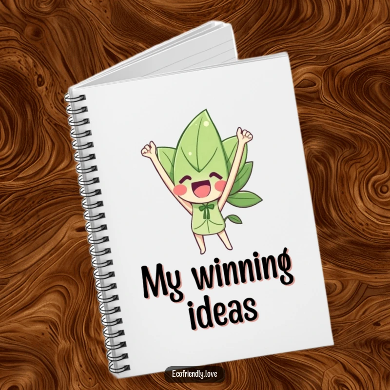 Funny notebook with a leaf character celebrating triumph, providing a space to record achievements.