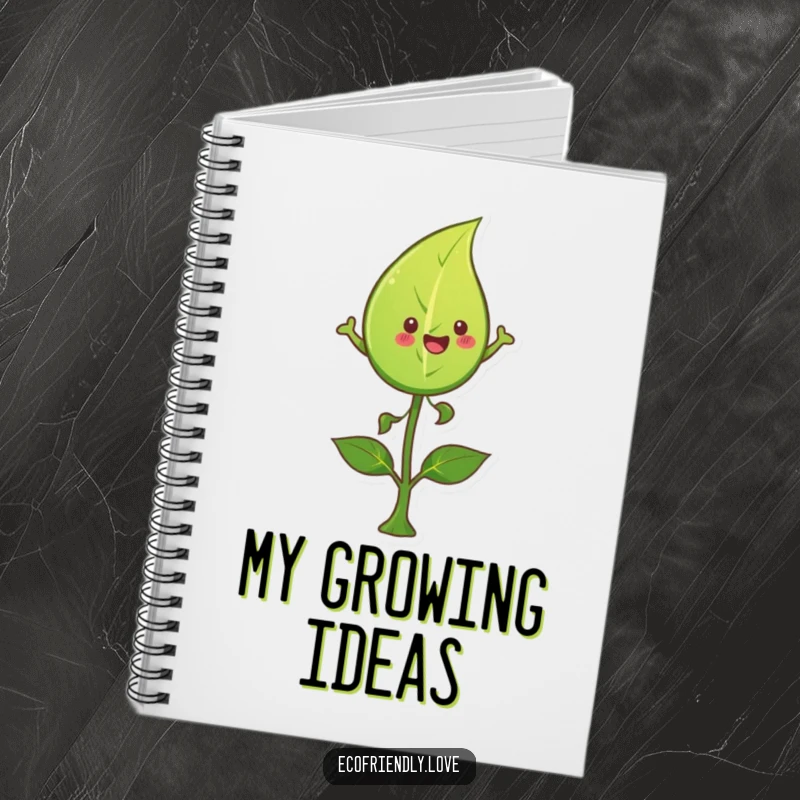 Funny leaf notebook featuring a happy character leaping over a sprout, ideal for capturing ideas and inspiring growth.