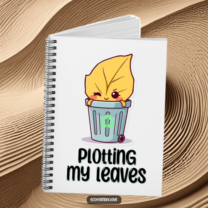 Funny notebook with a mischievous leaf character winking from behind a recycling bin, ideal for notes.
