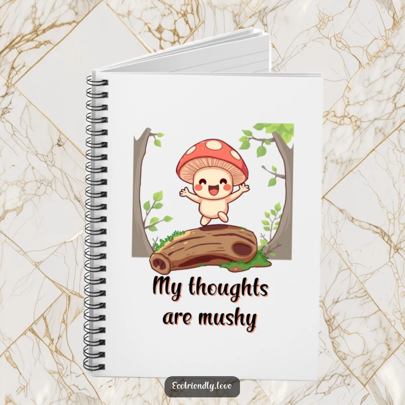 Funny notebook with a happy mushroom character bouncing on a mossy log, perfect for capturing whimsical thoughts.