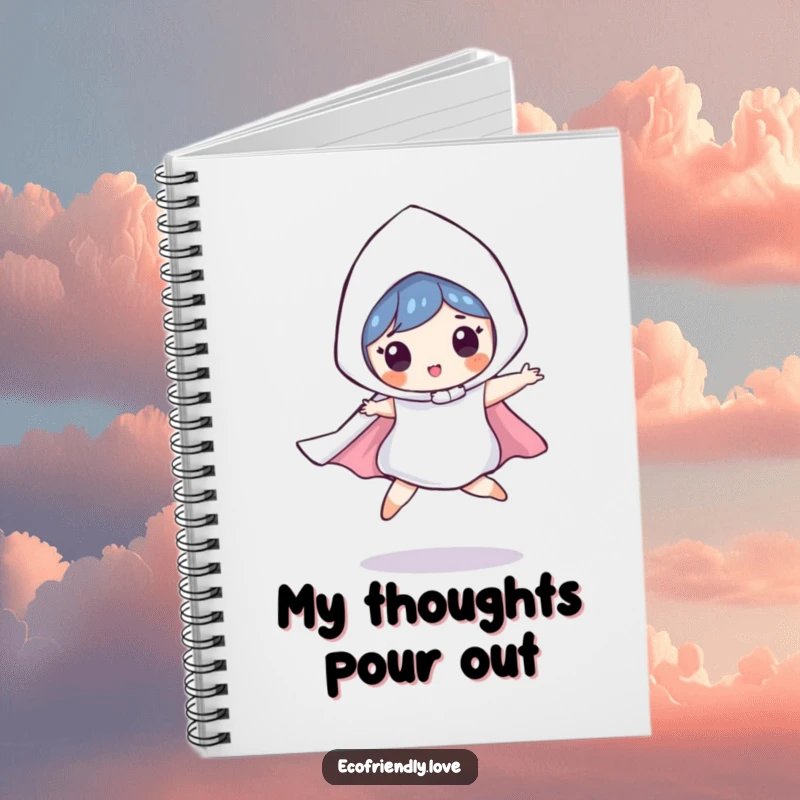 Funny notebook cover with a playful raindrop character in a superhero costume, mid-leap, inspiring dynamic note-taking and creative bursts.