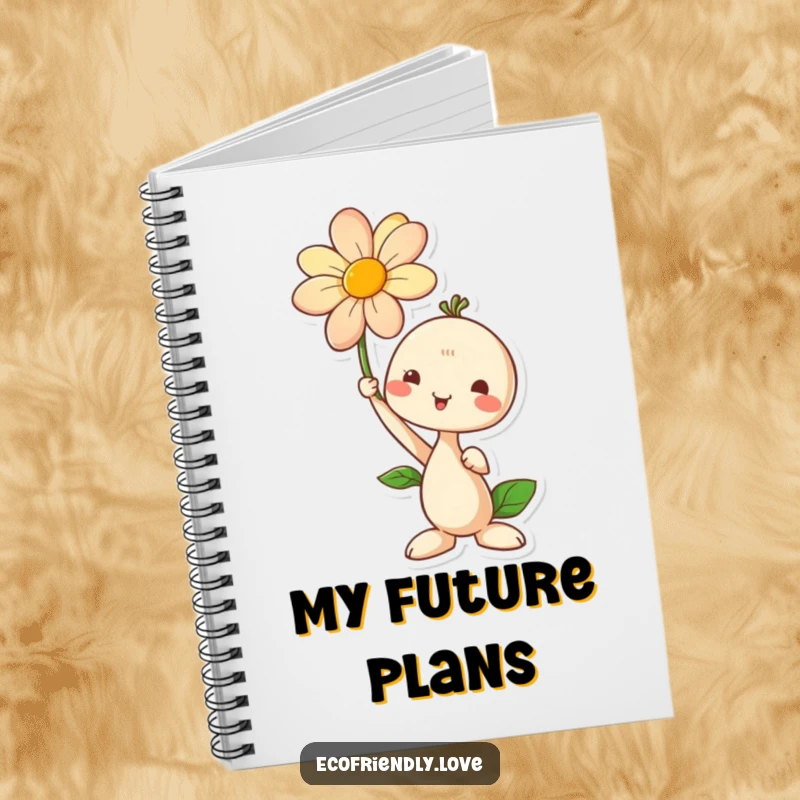 Funny notebook with a seedling character proudly holding a blooming flower, ideal for journaling and documenting personal growth.