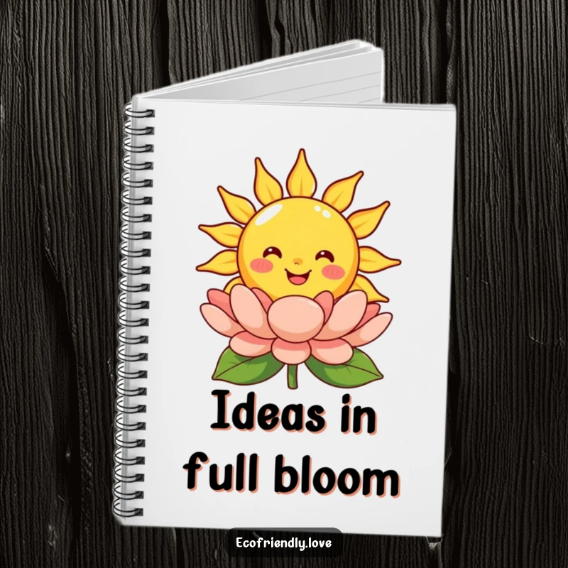 Funny smiling sun notebook featuring a happy cartoon sun character beaming over a blooming flower, perfect for jotting down sunny ideas.