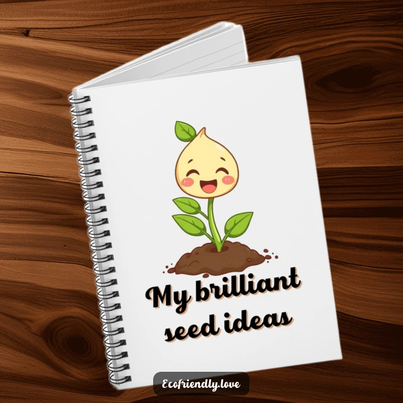 Funny notebook with a cute sprout character planting a seed, perfect for jotting down thoughts and gardening plans with a smile.