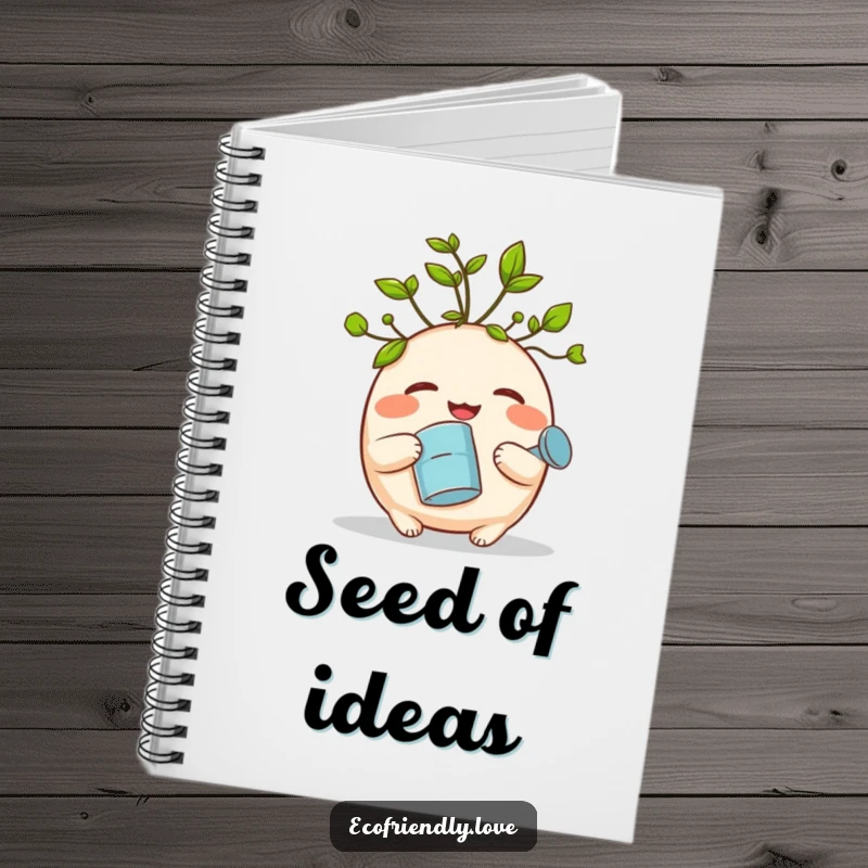 Funny notebook with a round, giggling sprout with green leaves holding a watering can, perfect for journaling and humorous note-taking.