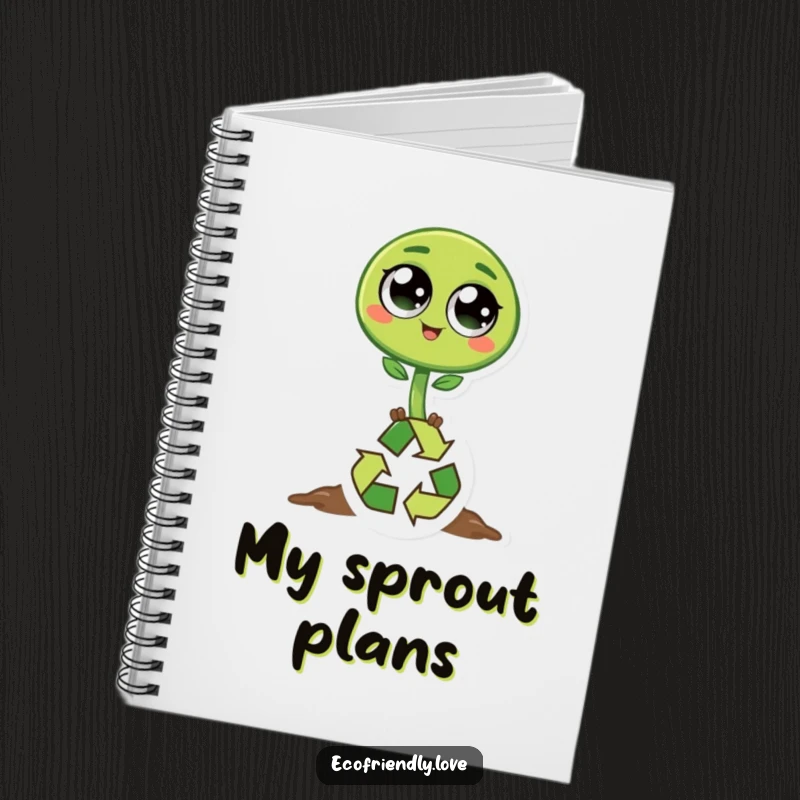 Funny sprout notebook featuring a joyful green sprout character with large eyes happily hopping over a recycling symbol, ideal for eco-conscious note-taking.