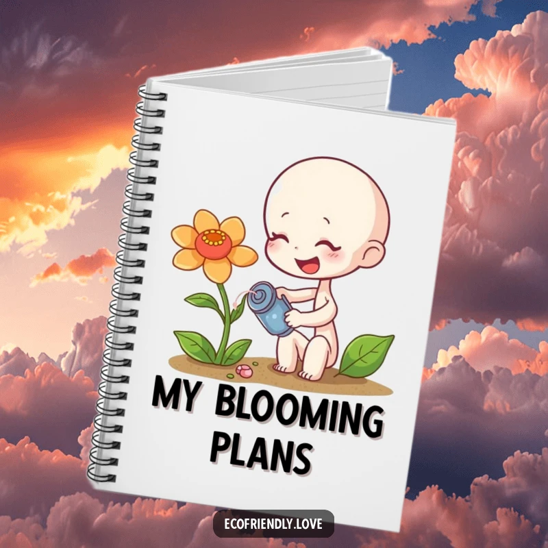 Funny sprout notebook showing a tiny character giggling while watering a wilting flower, a funny gift.
