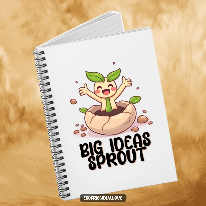 Funny notebook with a small sprout character in a state of happy surprise, perfect for journaling.