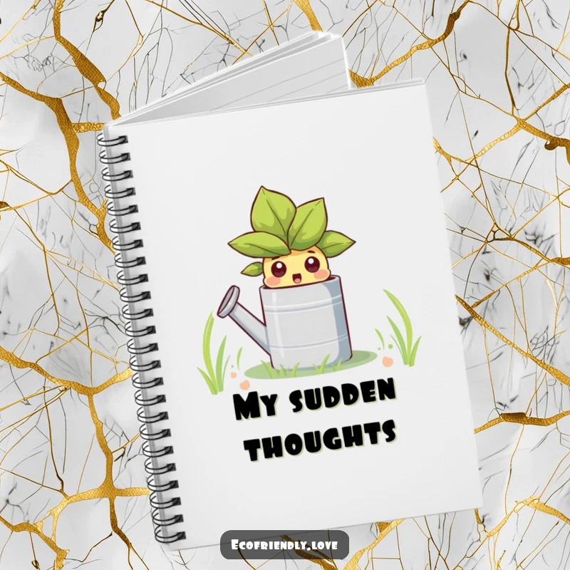 Funny notebook cover featuring a sprout peeking from a watering can, inspiring note-taking and creative brainstorming with a garden theme.