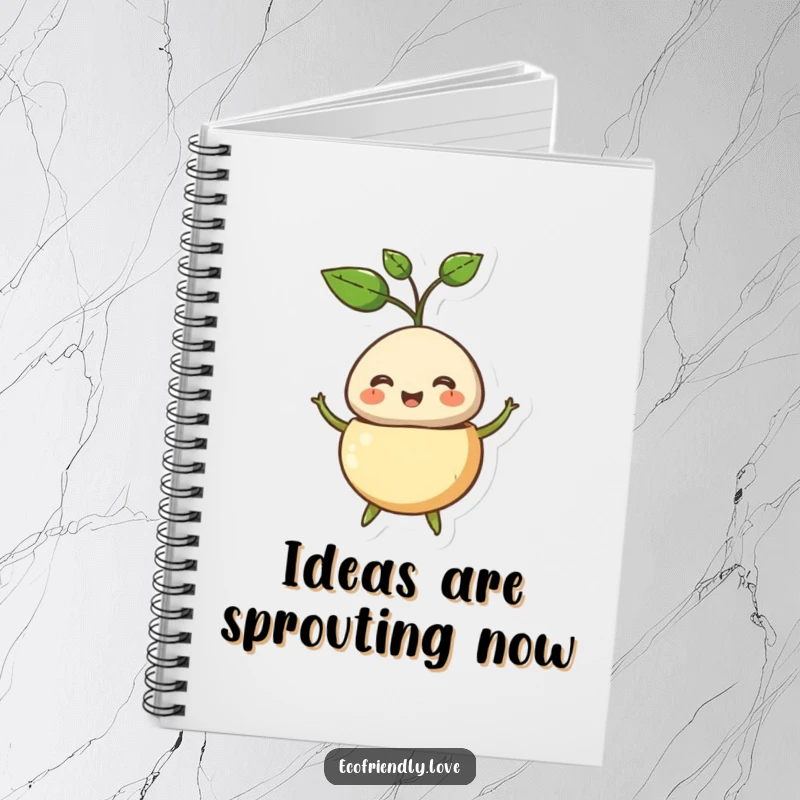 Funny notebook with a smiling seed character bursting open, a sprout emerging, perfect for jotting down inspired thoughts.