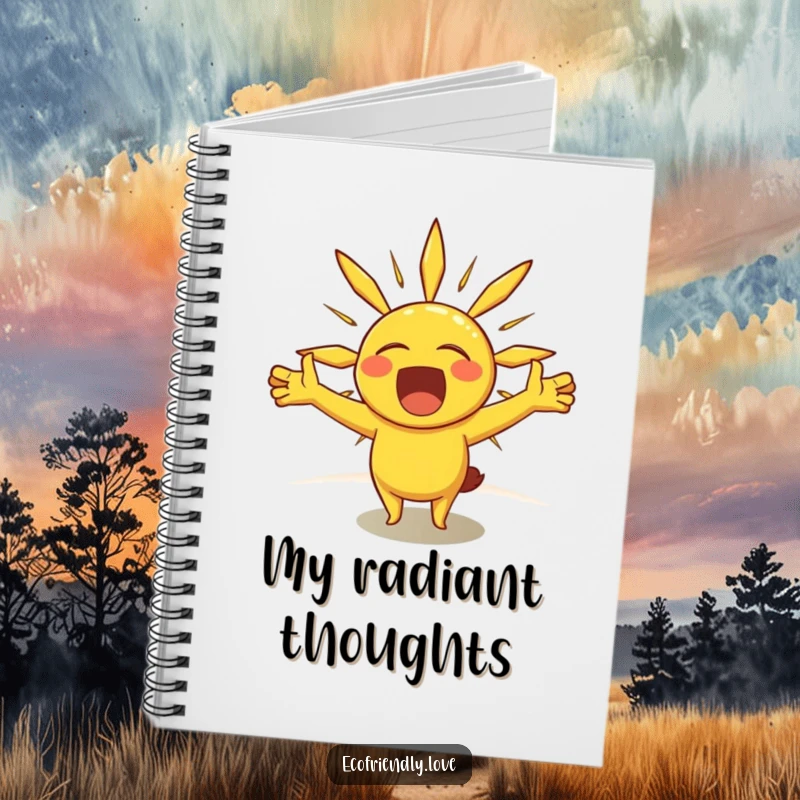 Funny notebook cover with a cheerful sun character stretching its rays like arms in a big, sleepy yawn, great for jotting down ideas.