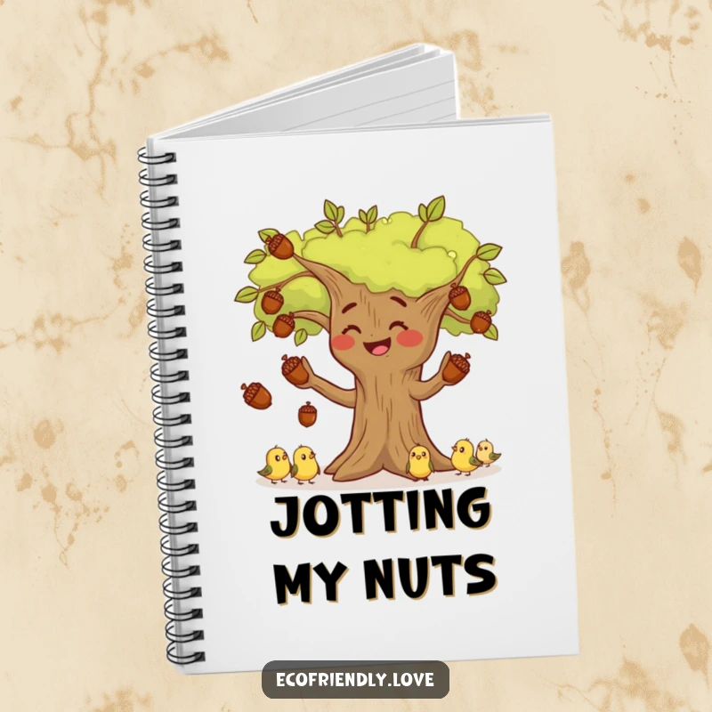 Funny tree character skillfully juggling acorns with a small audience of birds watching, on the cover of a whimsical and funny notebook.