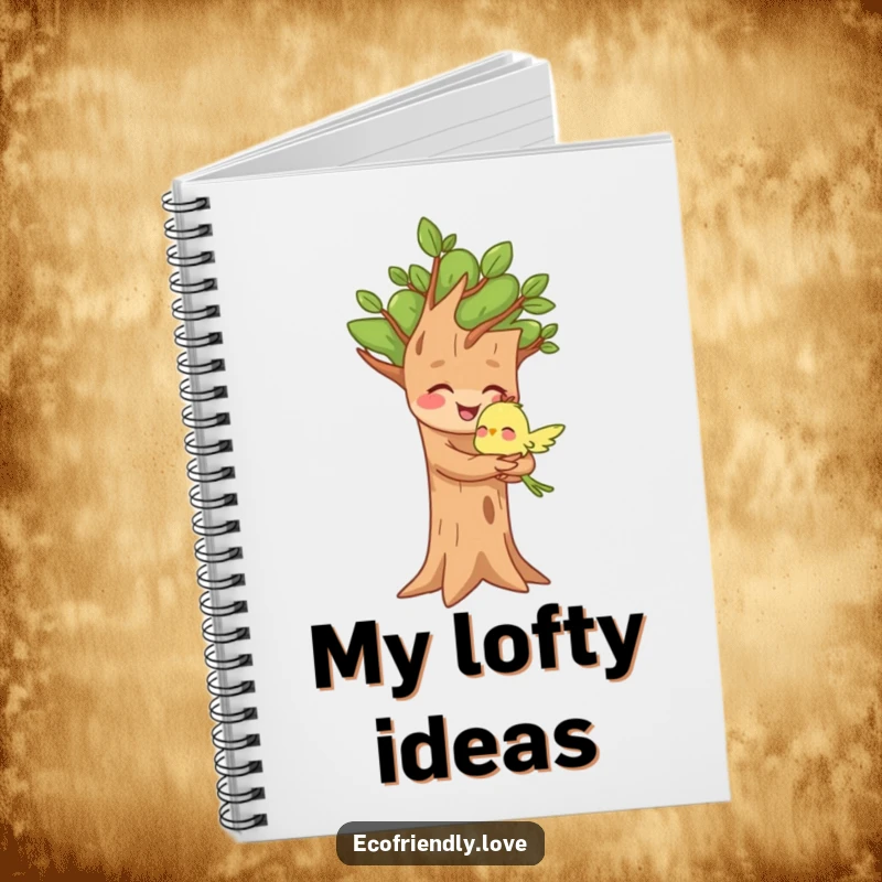 Funny notebook with a joyful tree character hugging a small bird, perfect for journaling about nature and friendships.