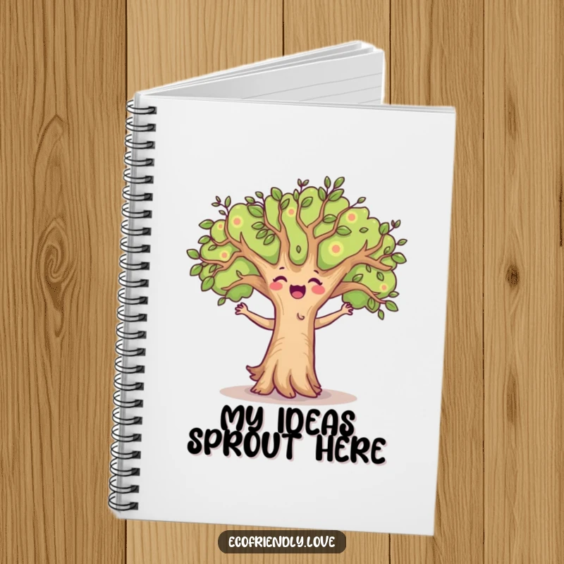 Funny notebook cover with a happy tree character in a lively dance, branches swaying, inspiring joyful note-taking and creative expression.