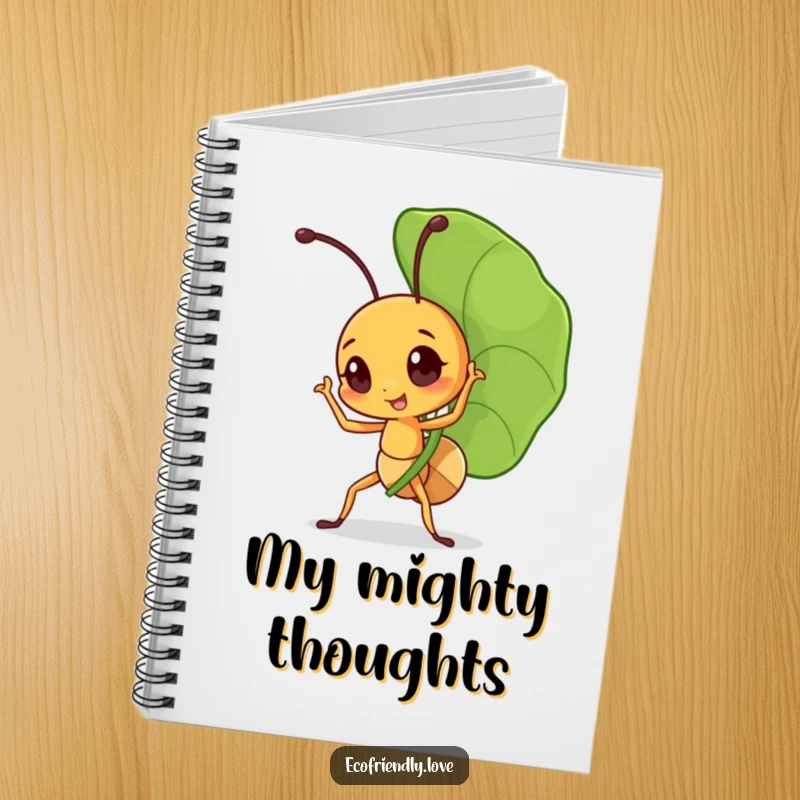 Funny ant notebook with a little character triumphantly carrying a large leaf, designed for recording determined thoughts and motivational ideas.